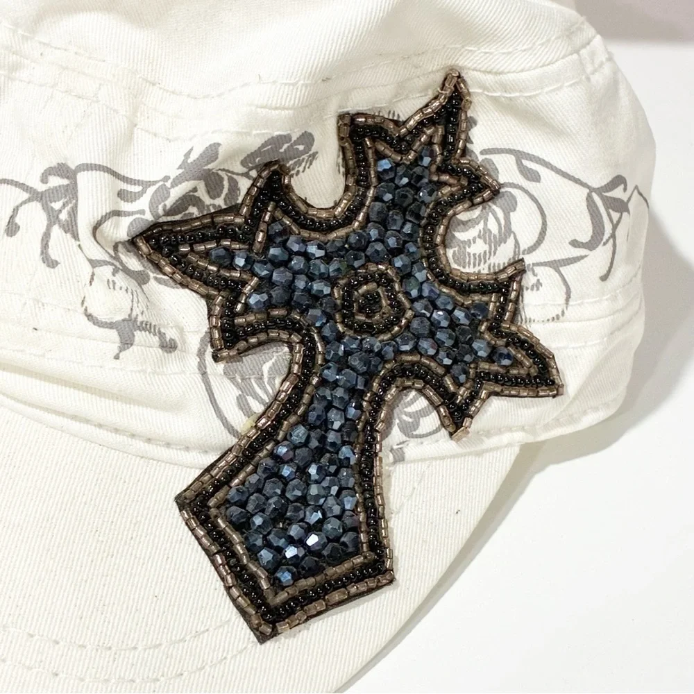 Vintage Y2K White Women’s Beaded Rhinestone Black Cross‎ Cap Hat One Size NEW - Picture 2 of 5